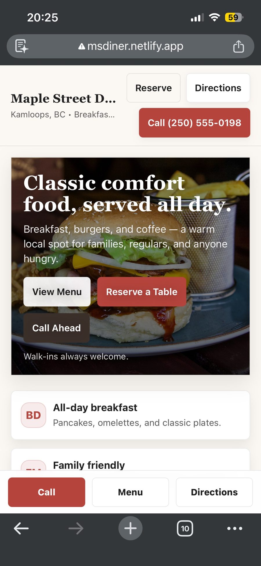 Restaurant demo site screenshot