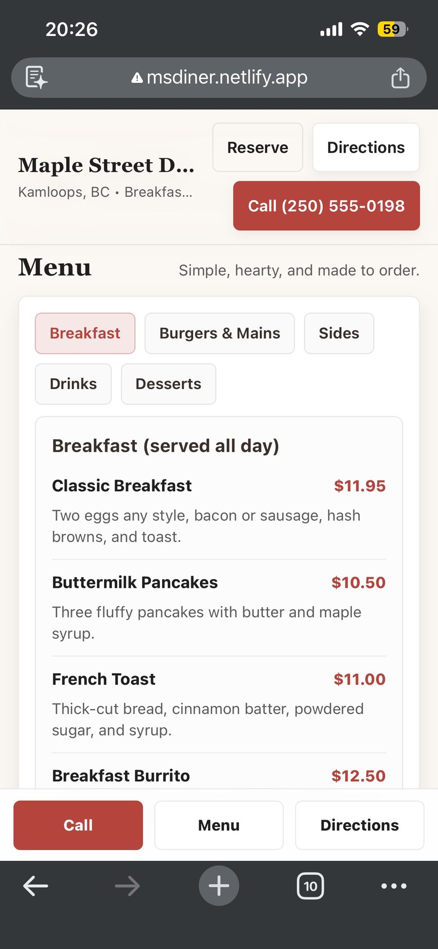 Restaurant demo menu screenshot