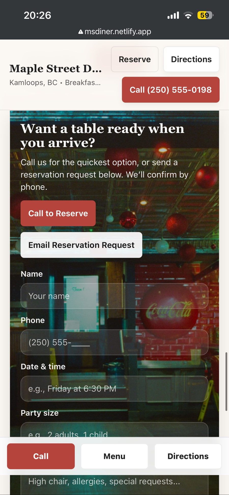 Restaurant demo reservation screenshot