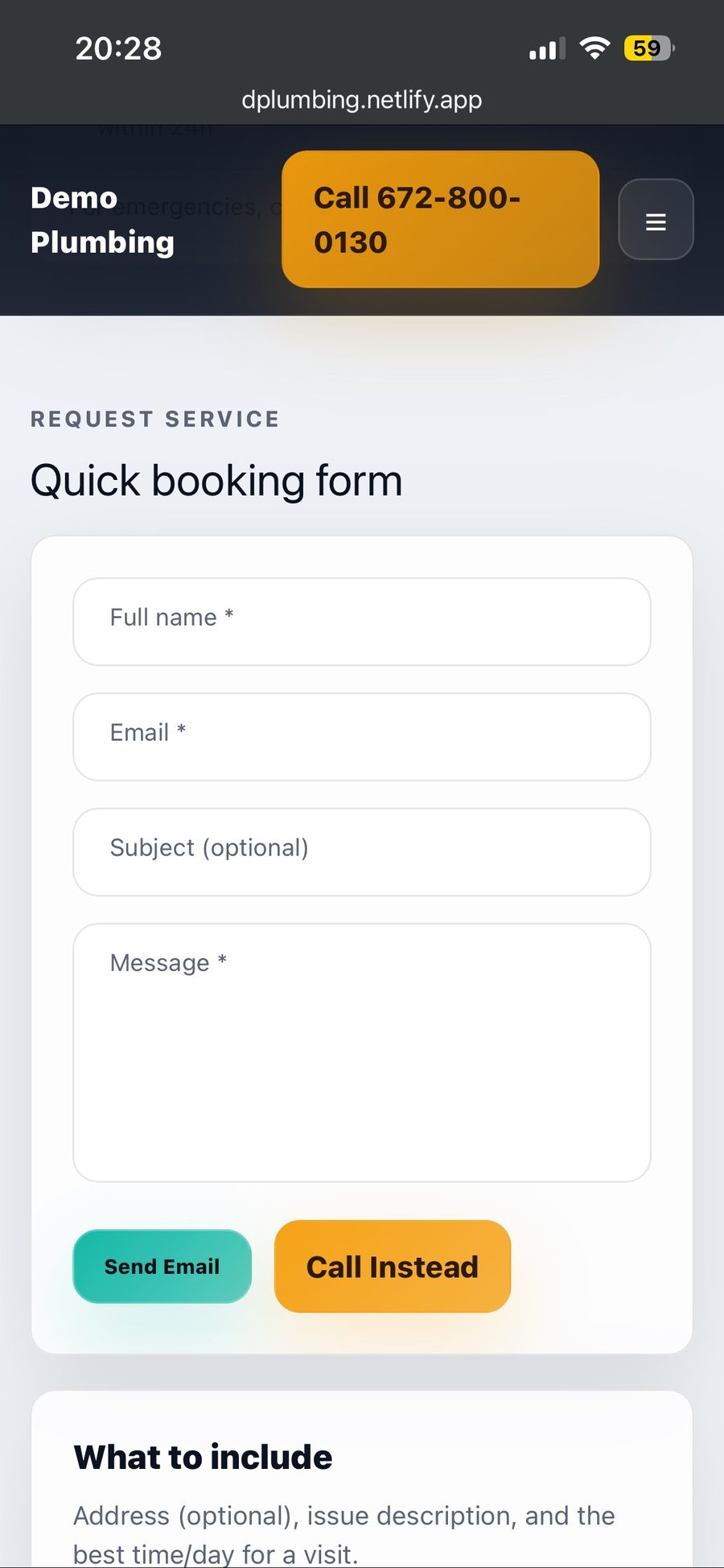 Plumbing demo contact screenshot